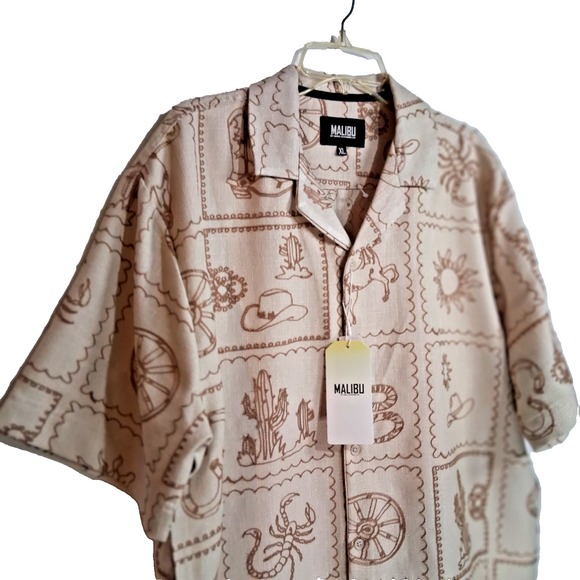 Malibu Drill Casual Button Down Western Men XL Stone Polyester Short Sleeve NWT - Picture 1 of 14